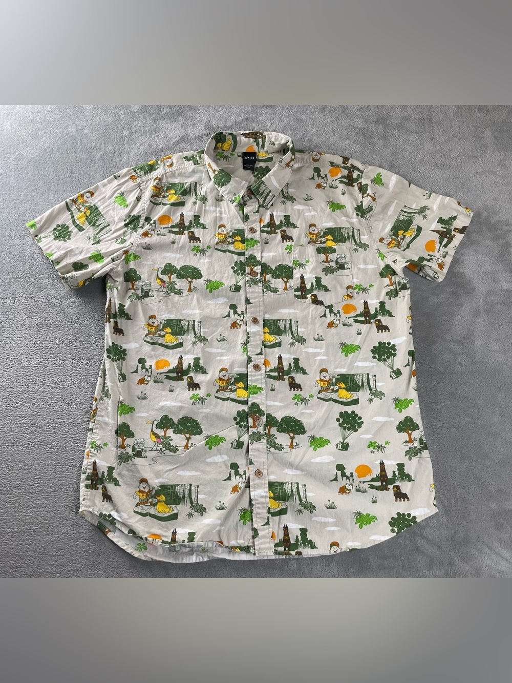 Pixar Up Button Up Short Sleeve Men’s XL Maybe L? Cotton Hawaiian Style Casual